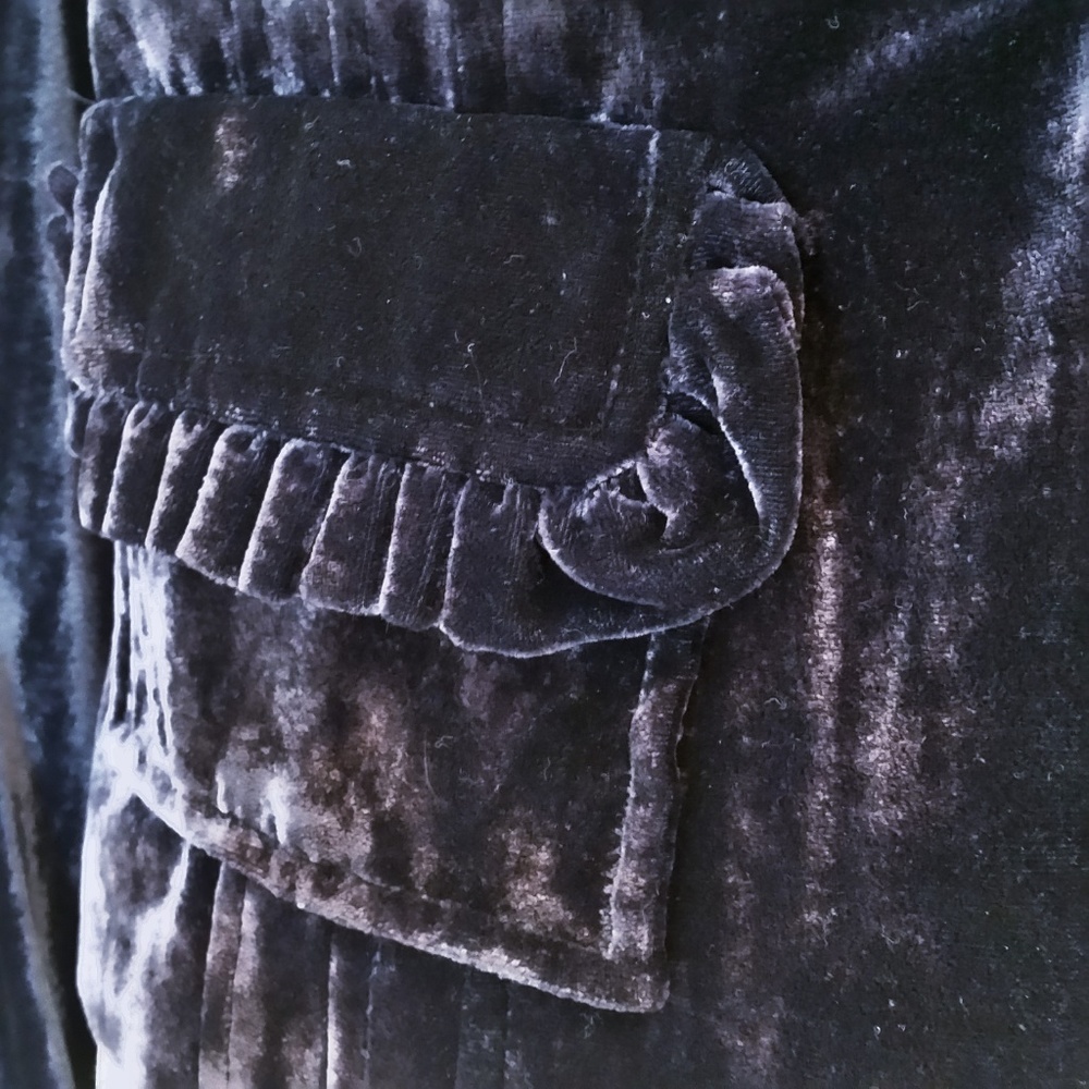 Blue Panne Velvet Blazer Jacket Ruffle Trim - Picture 5 of 8